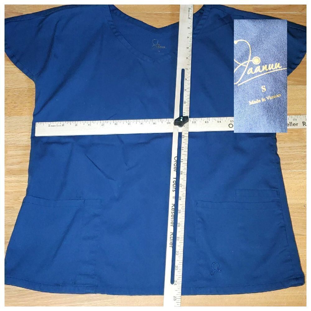 Jaanuu Size Small‎ Navy Blue Pockets Rib V Neck Scrub Top Nursing Work Medical
